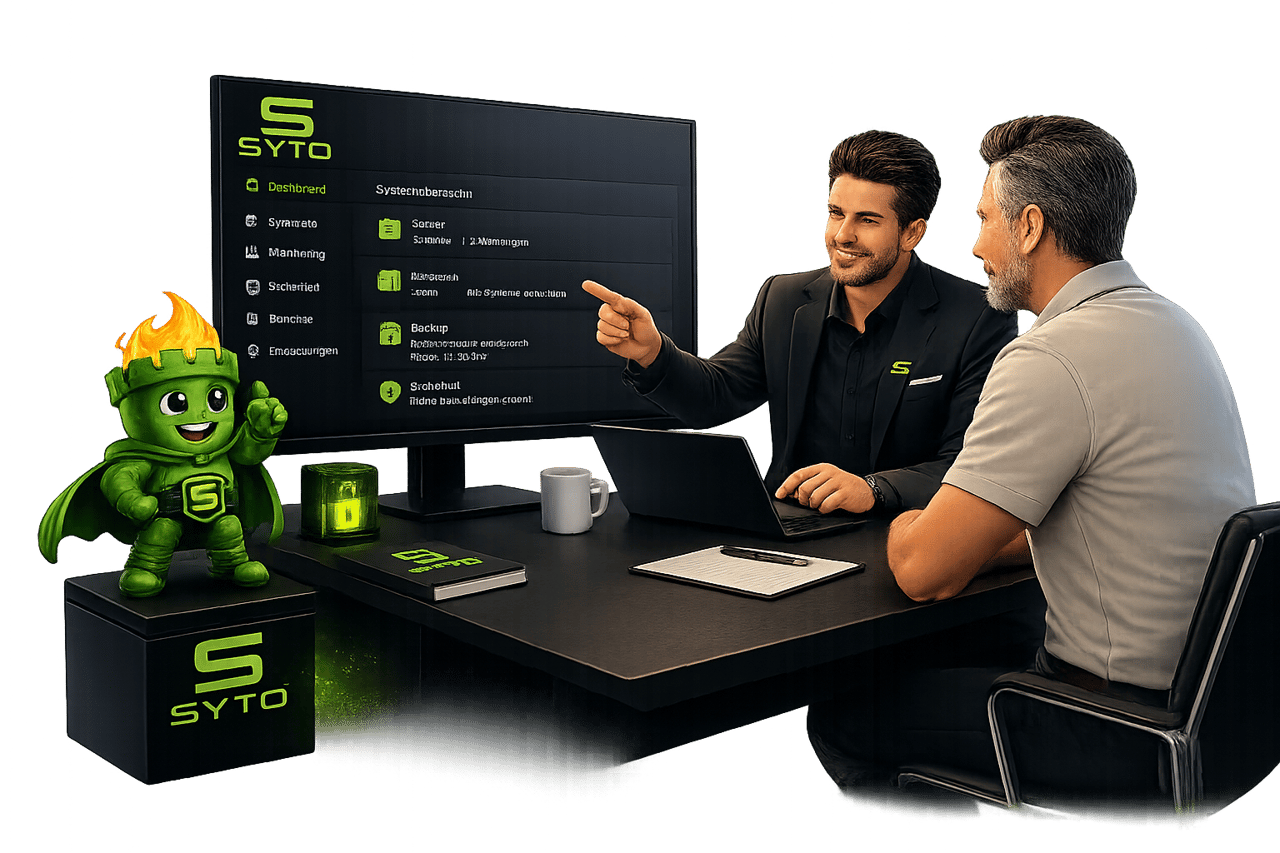 Zwei Männer betrachten ein SYTO-Dashboard mit Systemstatus zu Server, Datenbank und Backup, daneben eine grüne Heldenfigur
