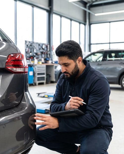 KFZ-Sachverständiger aus München prüft ein Fahrzeug und dokumentiert den Zustand
