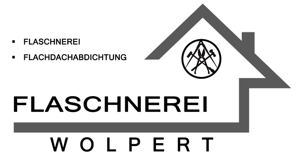 Logo der Flaschnerei Wolpert für Flachdachabdichtung mit Hausumriss und Zunftwappen aus Zirkel, Hammer und Schere.