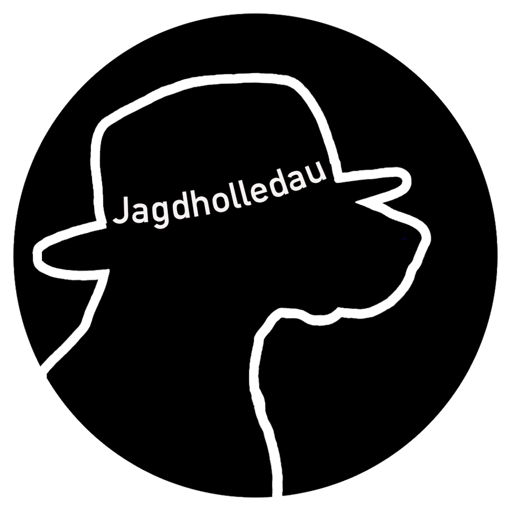Schwarzes Profil eines Mannes mit Hut und dem Schriftzug "Jagdholledau" auf dem Hut.