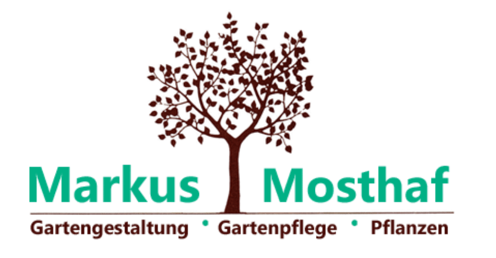 Brauner Baum mit text "Markus Mosthaf Gartengestaltung Gartenpflege Pflanzen" in Türkis.