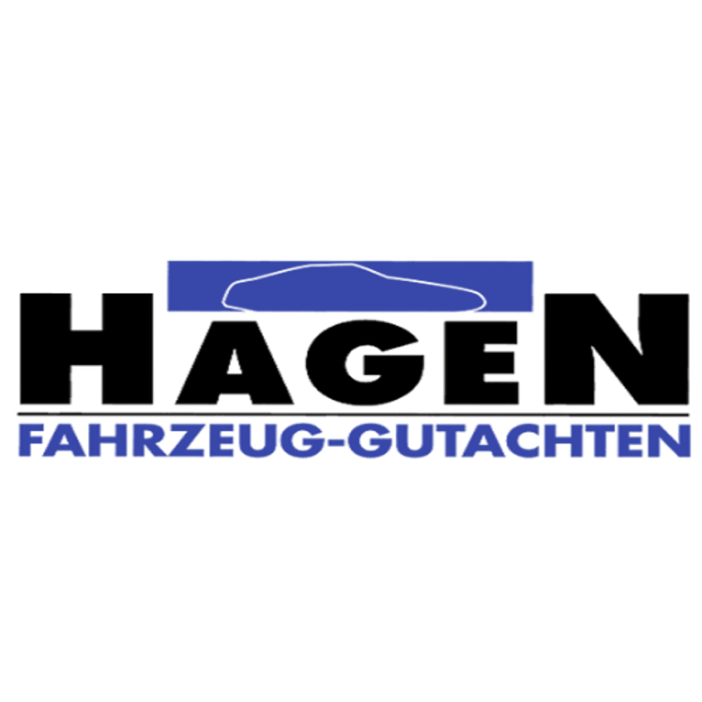 Schwarzer Text "HAGEN" mit blauem Balken darüber und blauem Text "FAHRZEUG-GUTACHTEN" darunter.