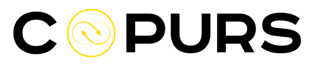 Schwarzer Text "COUPURS" auf dunkelgrünem Hintergrund, wobei das "O" ein gelbes Kreissymbol mit zwei Pfeilen ist.