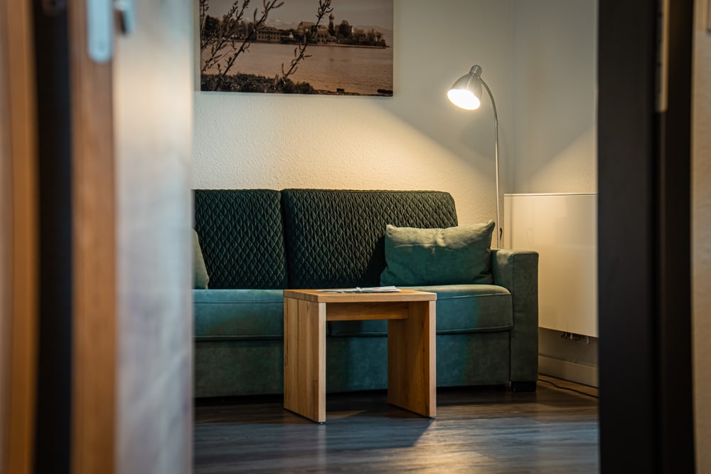 Blick durch Holztür auf Wohnzimmer