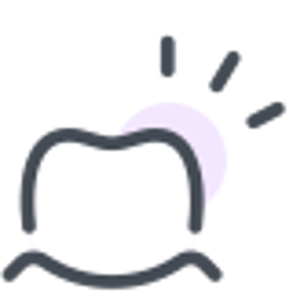 Ein weißer Zahn mit einer hellvioletten, runden Form dahinter und drei grauen Strahlen, die nach oben und rechts zeigen.