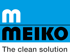 MEIKO Logo in Weiß und Schwarz auf blauem Hintergrund, darunter "The clean solution".