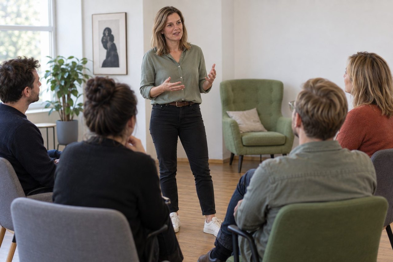 Frau spricht im Stehen vor einer Gruppe im Stuhlkreis