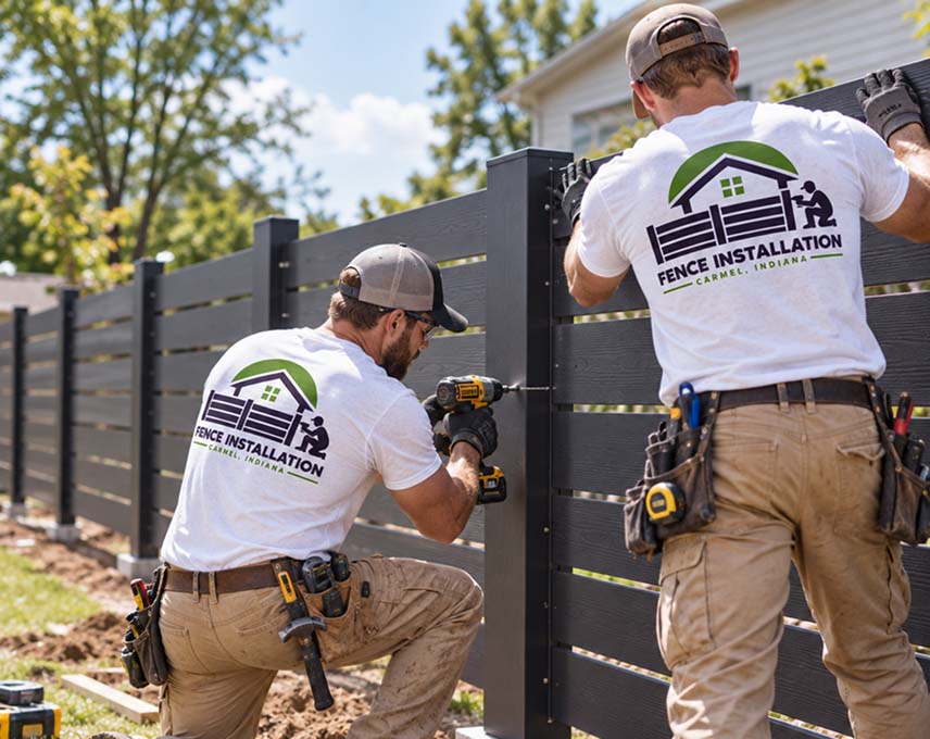 Installers setting a fence post in an augered hole