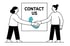 Zwei Personen schütteln sich die Hände vor einem Schild mit der Aufschrift „CONTACT US“.