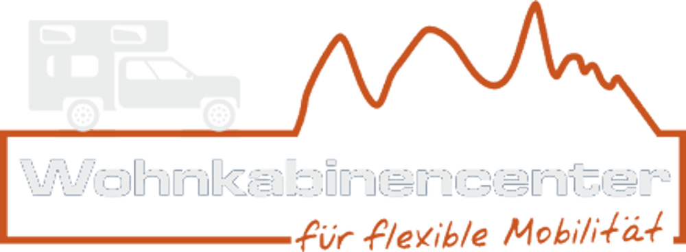 Logo mit weißem Wohnmobil, oranger Berglinie und Text "Wohnkabinencenter für flexible Mobilität" auf grünem Hintergrund.