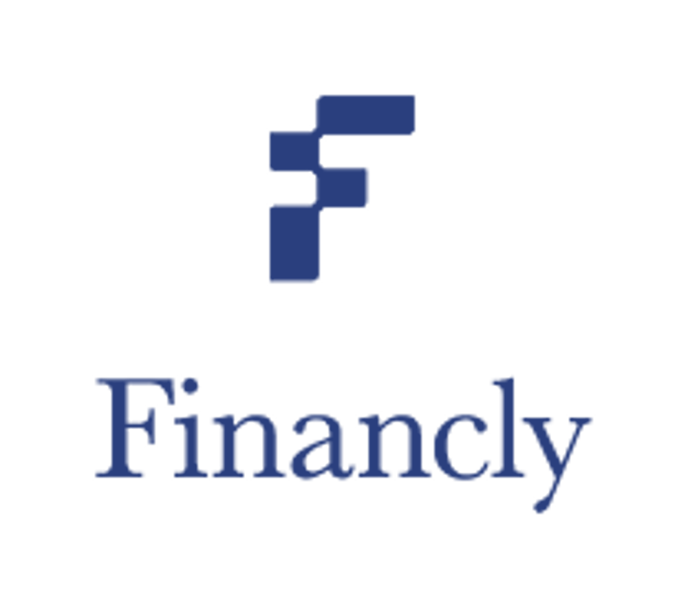 Blaues "F" Symbol über dem Wort "Financly" auf grünem Hintergrund.