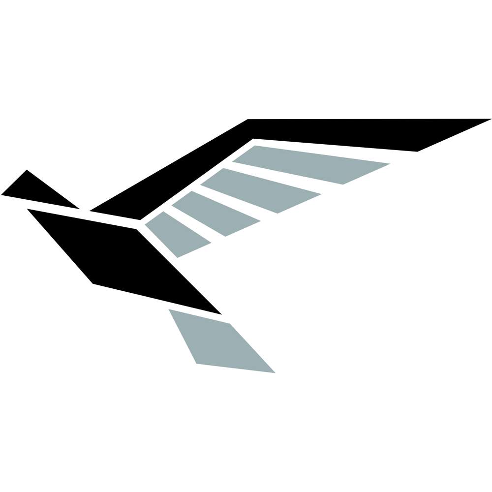 Stilisiertes schwarzes und graues Origami-Vogel-Symbol, das einen fliegenden Vogel darstellt.