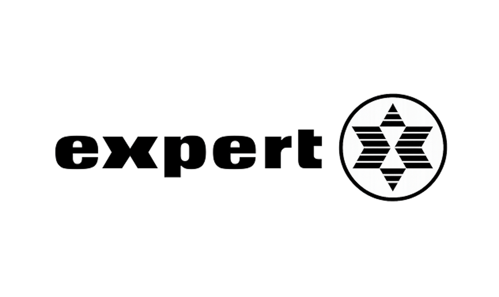 Schwarzes "expert"-Logo mit Stern-Symbol in einem weißen Kreis auf grünem Hintergrund.