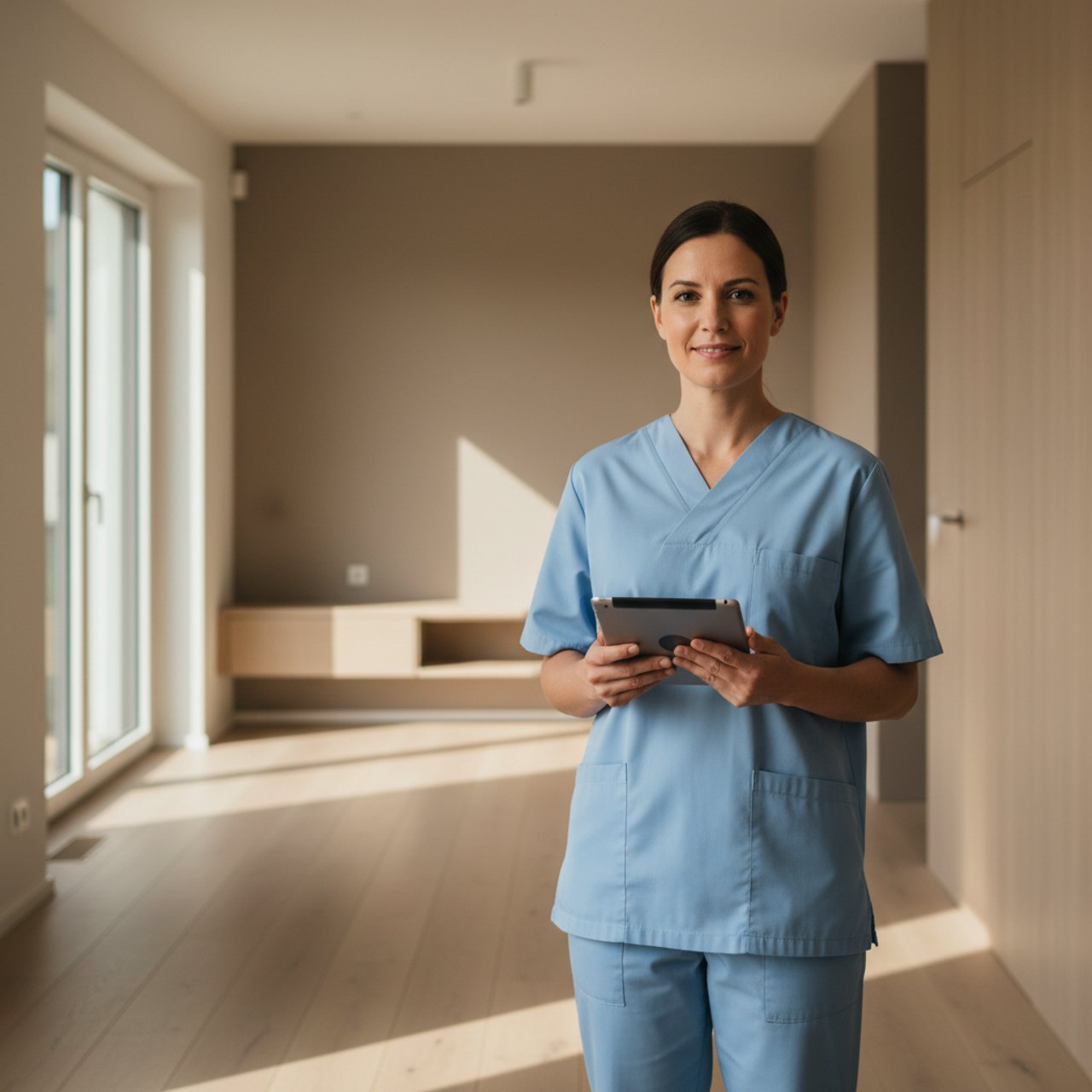 Pflegekraft mit Tablet im Hausbesuch