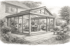 Skizze eines modernen Wintergartens mit Glasfronten, Essbereich und Terrasse an einem Wohnhaus.