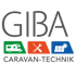 GIBA Caravan-Technik Logo: Wohnmobil, Werkzeug, Solarpaneel-Symbole auf farbigen Feldern.