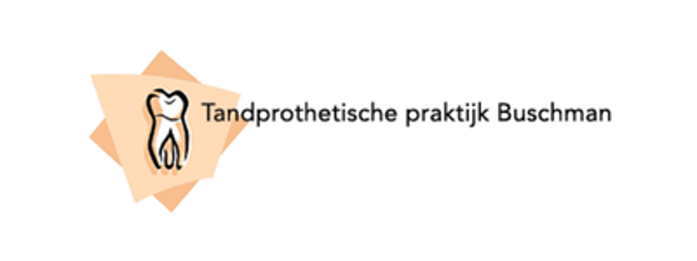 Logo for "Tandprothetische praktijk Buschman" with a stylized tooth on an orange background.