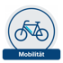 Graues Kreissymbol mit blauem Fahrrad und hellblauem Akzent, darunter ein blaues Rechteck mit "Mobilität".
