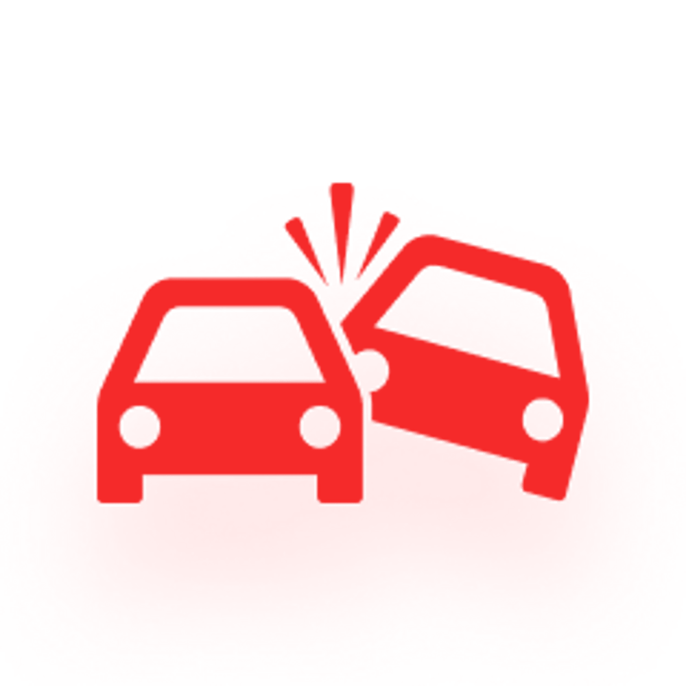 Rote Silhouette zweier Autos, die frontal kollidieren, mit stilisierten Aufpralllinien.