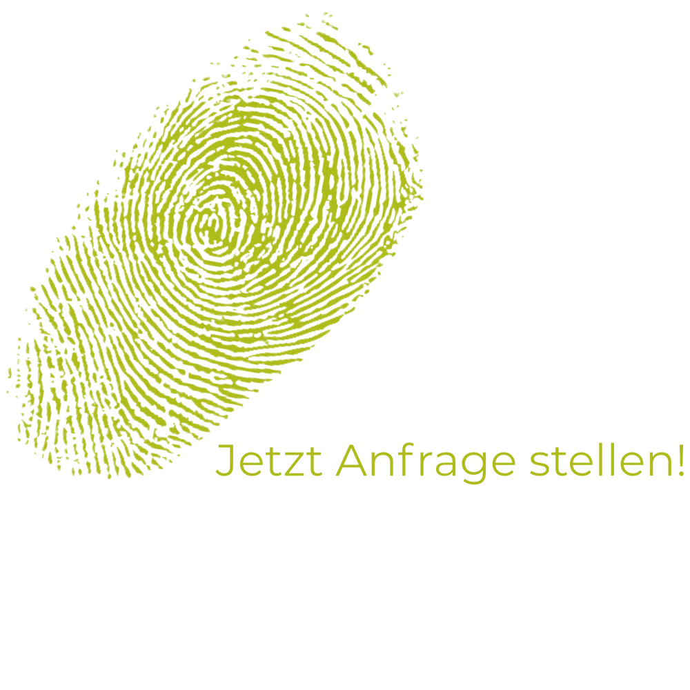 Gelber Fingerabdruck auf grünem Hintergrund mit Text "Jetzt Anfrage stellen!".