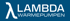 Weißes Logo der Firma Lambda Wärmepumpen mit dem griechischen Buchstaben Lambda auf blauem Hintergrund.
