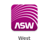 ASW-Logo auf lila Hintergrund mit weißen, geschwungenen Linien und dem Text "West" darunter.