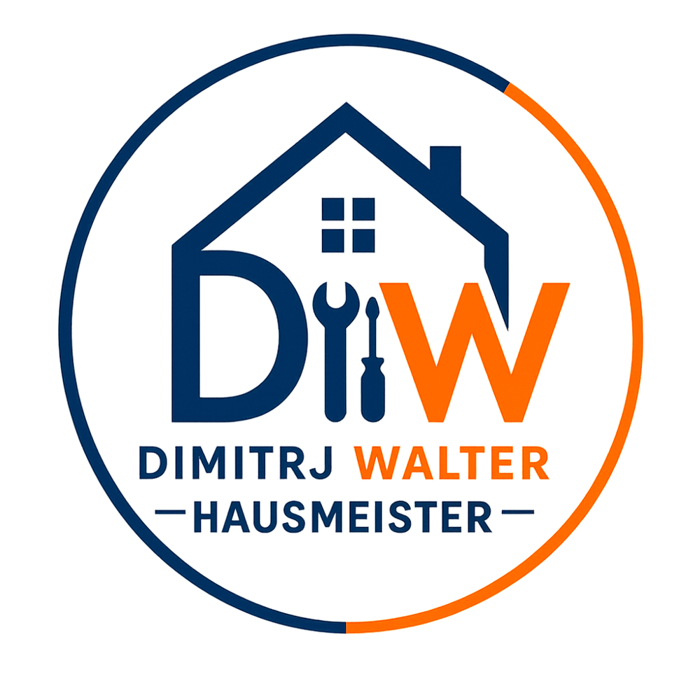 Logo von Dimitrij Walter Hausmeister mit Haus-Symbol, Werkzeugen und den Initialen DW in Blau und Orange.