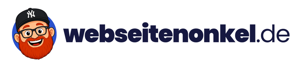 Logo mit Cartoon-Gesicht, das eine rote Brille und eine schwarze Mütze trägt, daneben der Text "webseitenonkel.de".