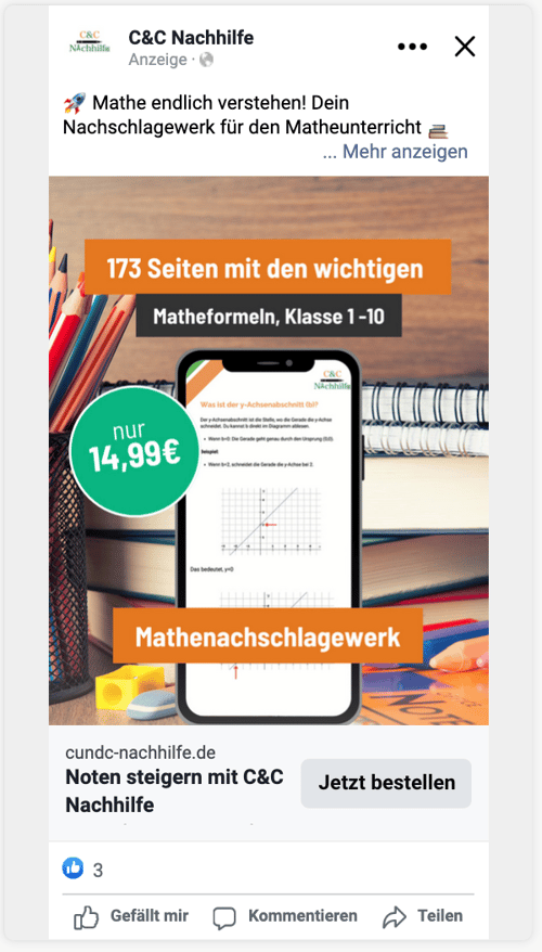 Story-Anzeige für ein Mathe-Nachschlagewerk mit Smartphone, Büchern und Stiften