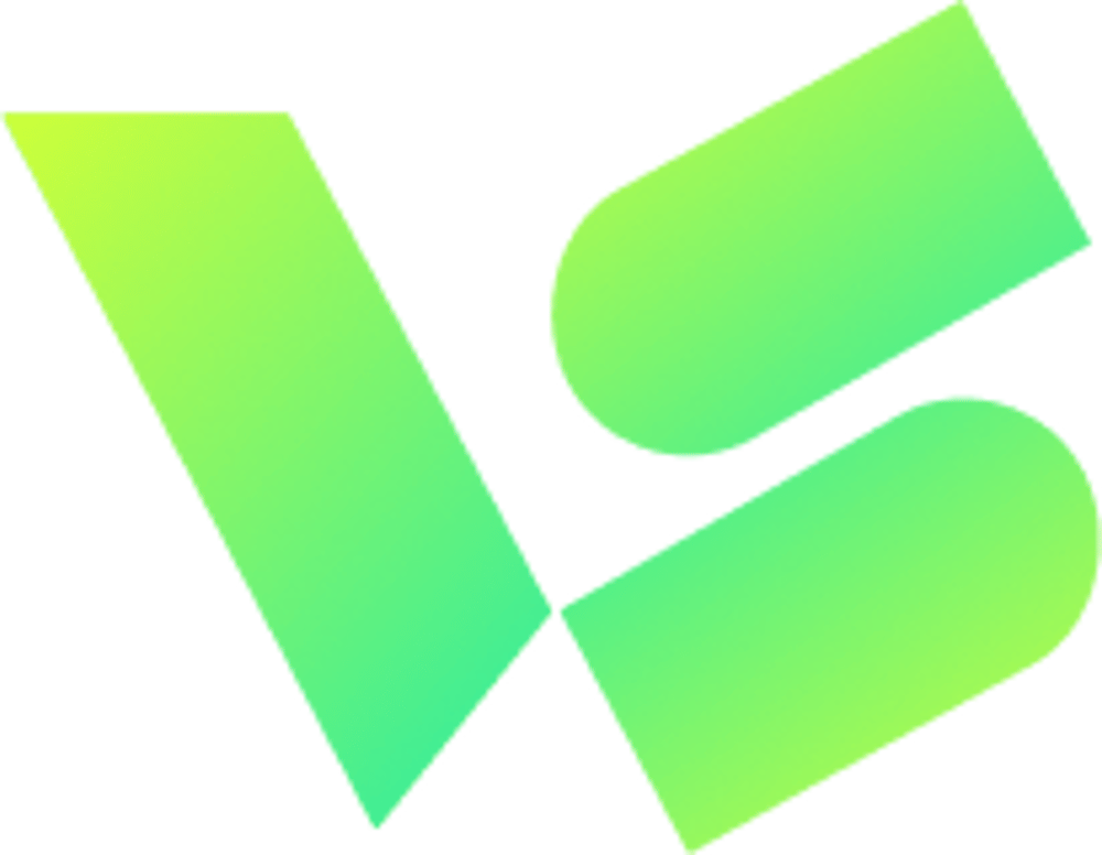 A neon green logo consisting of three abstract rounded shapes forming the letters VS on a solid black background.