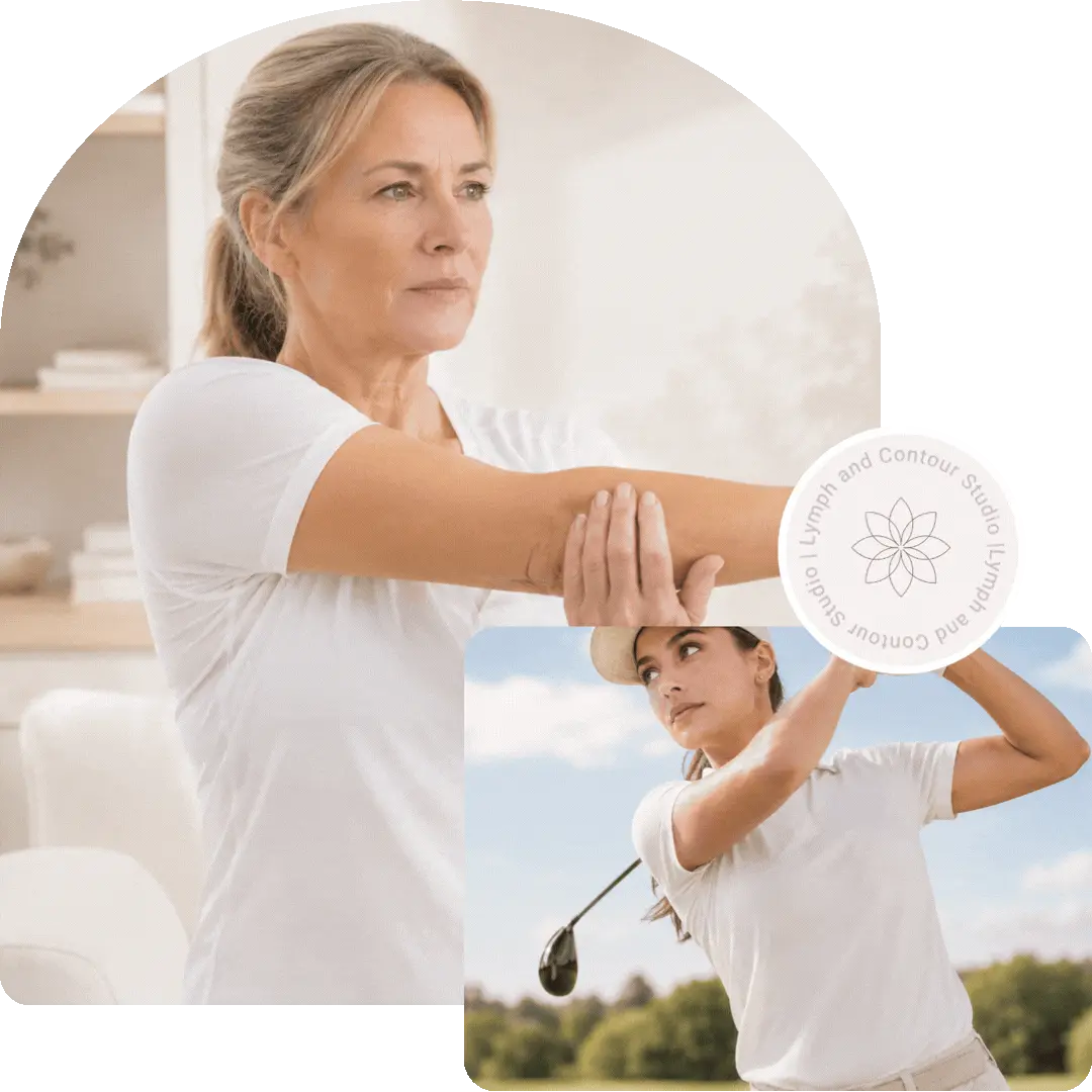 Woman holding her arm to stretch her elbow next to an inset photo of a female golfer swinging a club and Lymph and Contour Studio logo