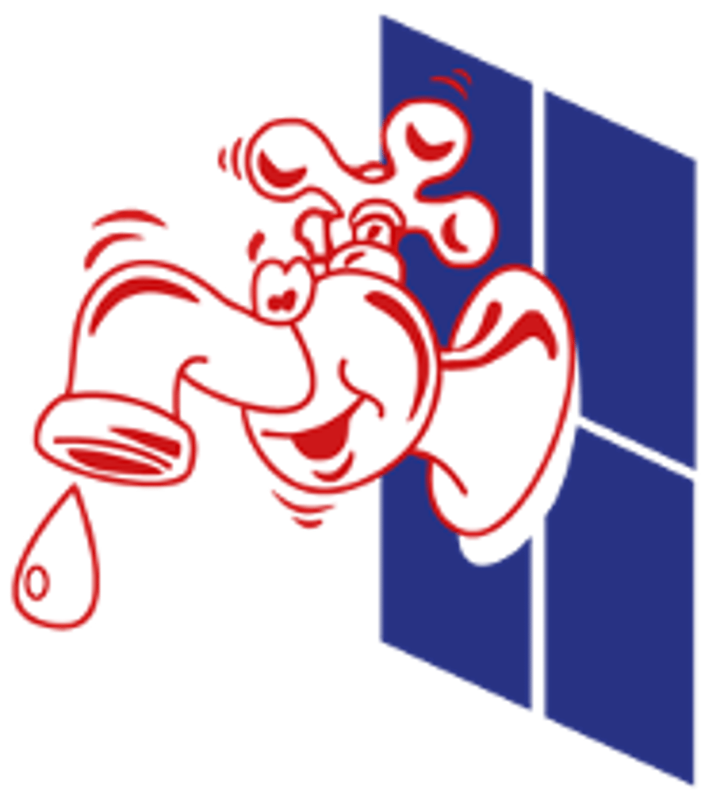 Ein Cartoon-Wasserhahn mit Gesicht und einem Wassertropfen, der auf einem blauen Kachelhintergrund tropft.