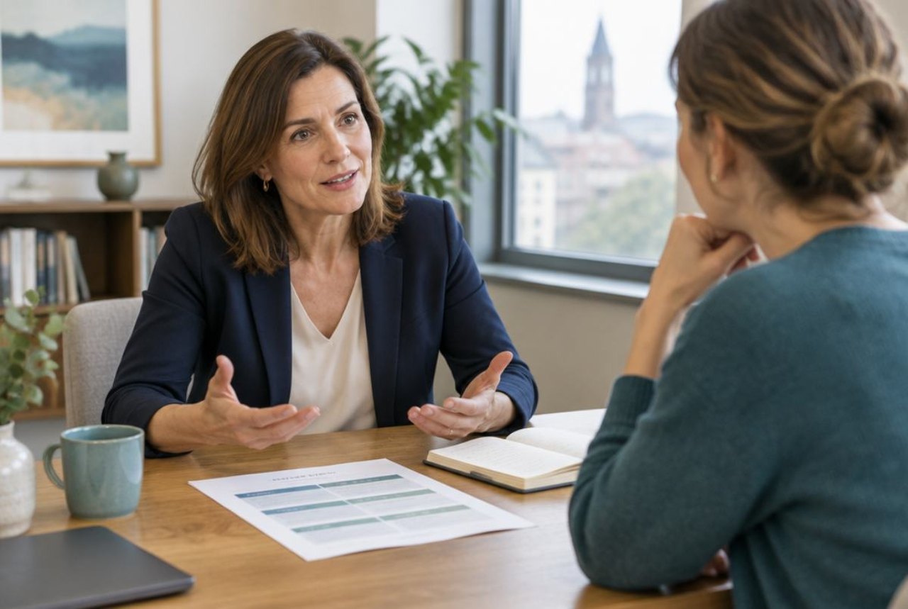 Führungskraft im Einzelcoaching gegen Redeangst, auf dem Tisch liegt der Fahrplan für zwölf Wochen