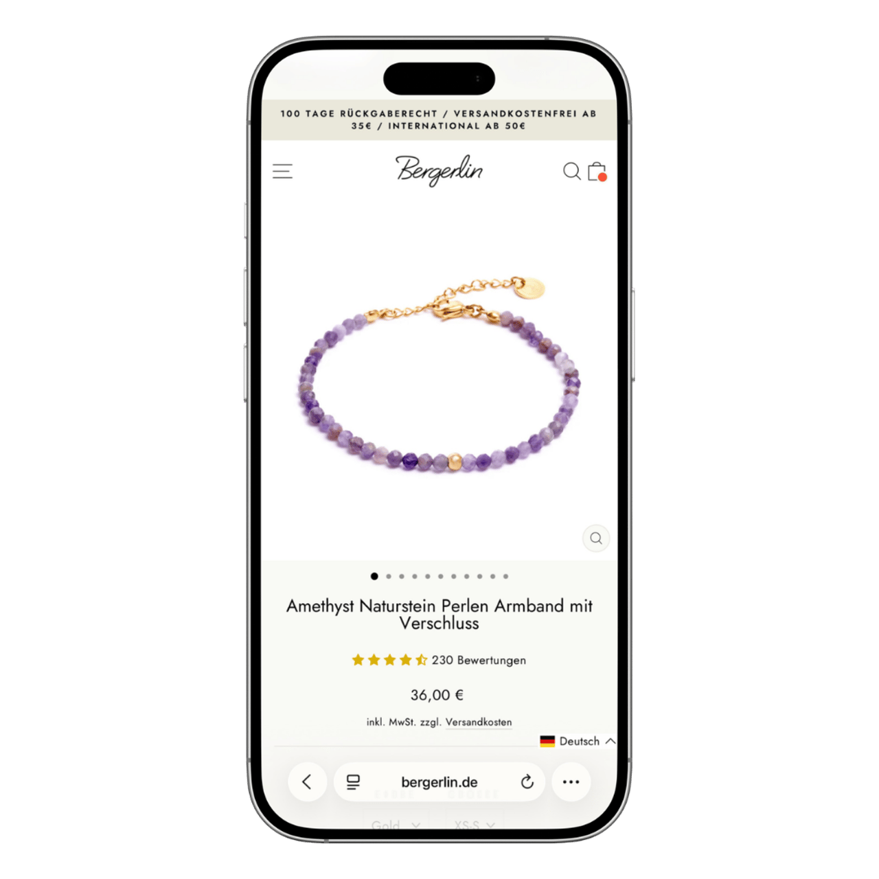 Smartphone zeigt den Bergerlin Online-Shop mit Amethyst Perlen Armband für 36,00 Euro.
