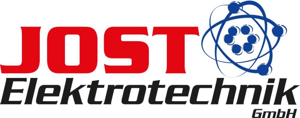 Jost Elektrotechnik GmbH Logo mit rotem Schriftzug "JOST" und blauem Atommodell, darunter "Elektrotechnik GmbH".