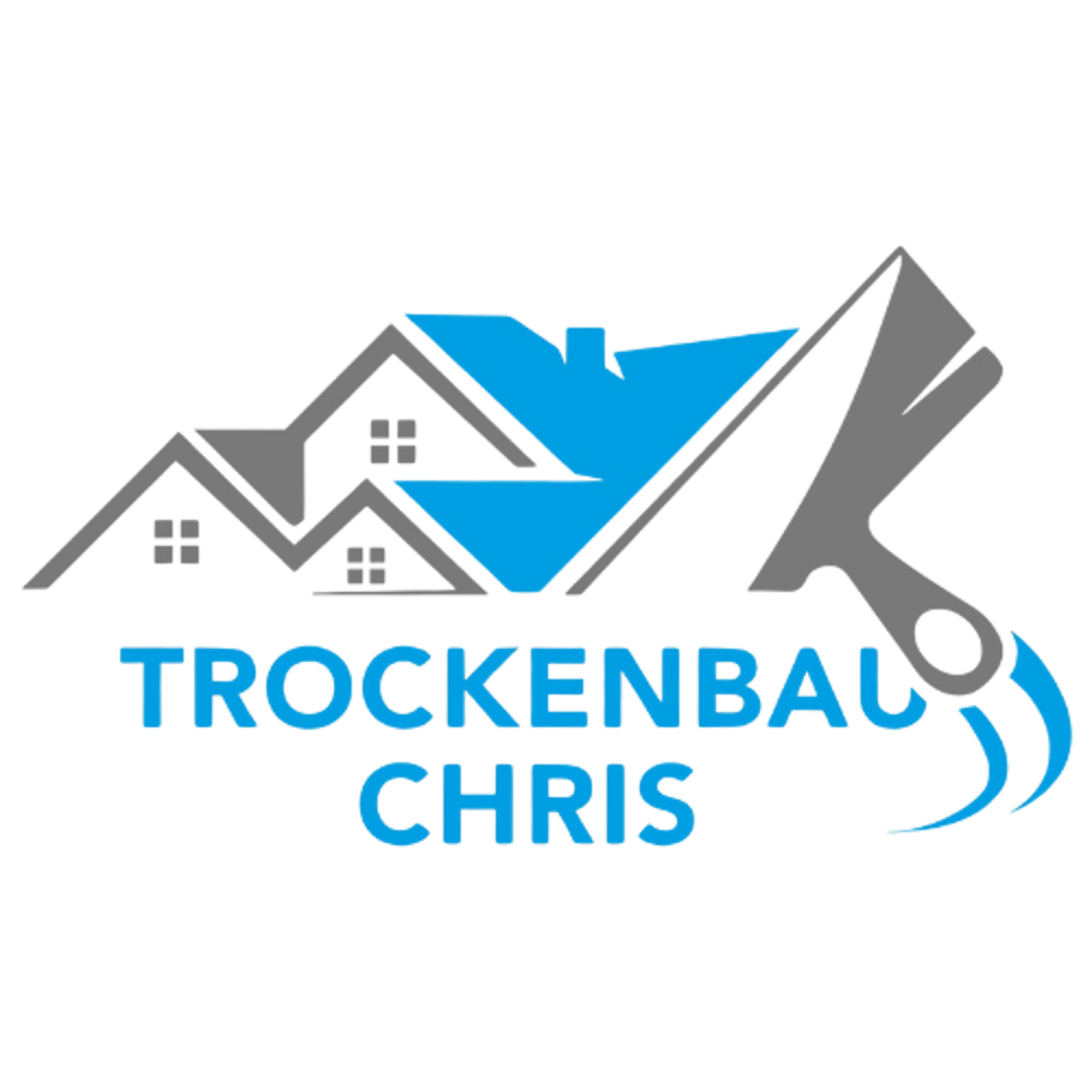 Logo: Graue Häuser mit blauem Dach und daneben ein blauer Spachtel; Text "TROCKENBAU CHRIS" darunter in Blau.