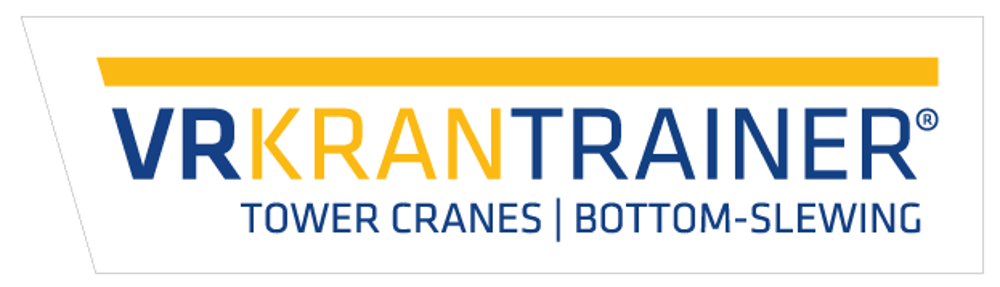 Das Logo "VRKRANTRAINER®" ist blau und gelb, mit einem gelben Balken darüber.