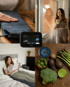 A four-panel collage: woman touching a mat, woman drinking smoothie, woman reading in bed, healthy green foods and air purifier.