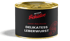 Schwarze Dose Metzger Schüler Delikatess Leberwurst aus eigener Herstellung mit goldenem Deckel vor dunklem Hintergrund.