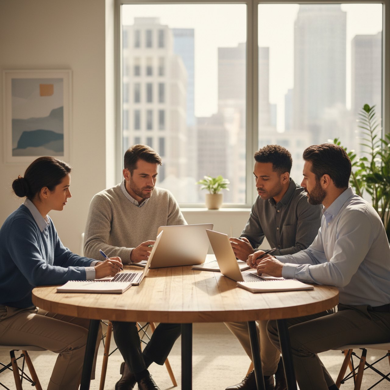A small leadership team in a focused discussion around a conference table
