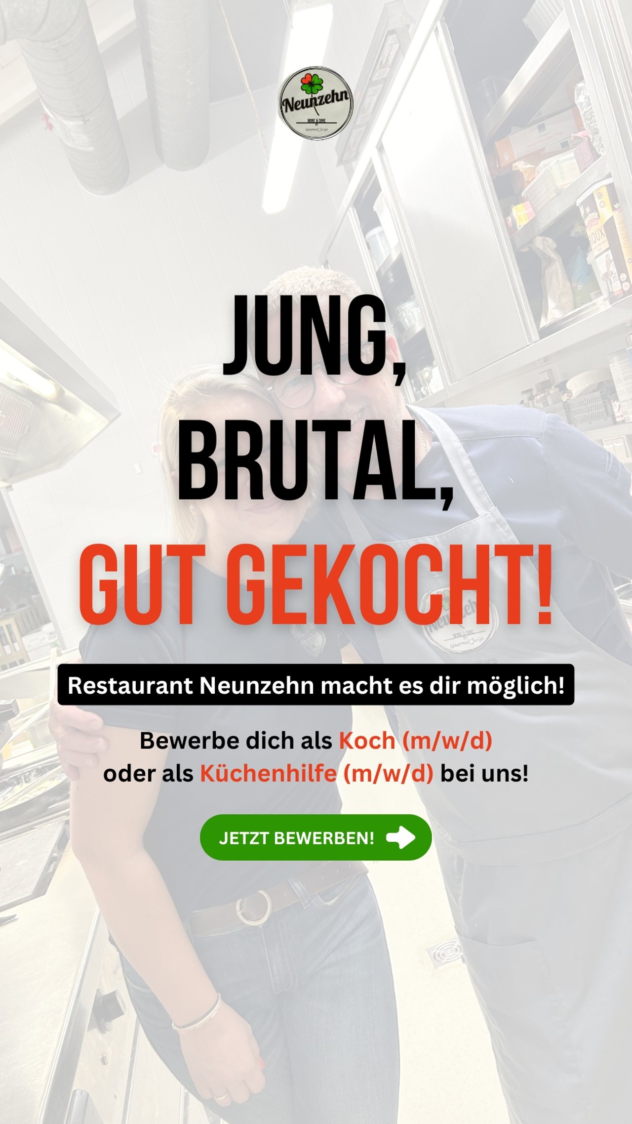 Recruiting-Anzeige Restaurant Neunzehn: Team in der Küche, „Jung, brutal, gut gekocht!“