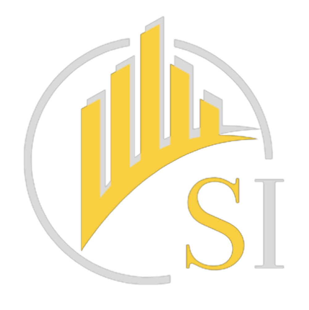 Gelbes und graues Logo mit Gebäudesilhouette und Buchstaben "SI" in einem Kreis.