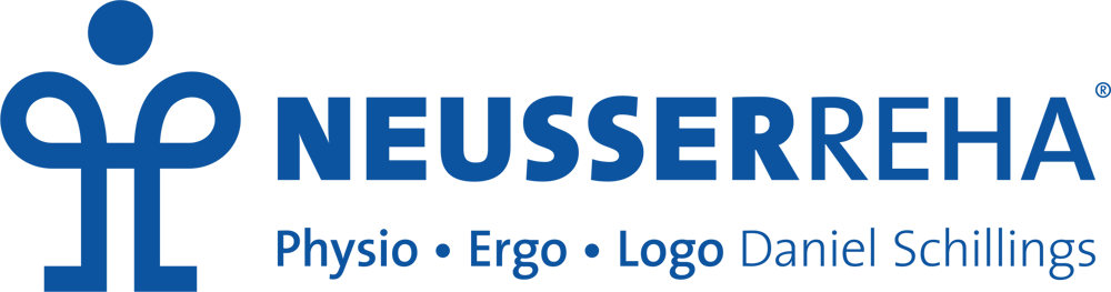 Logo von Neusserreha Physio Ergo Logo Daniel Schillings mit blauem Symbol auf schwarzem Hintergrund.