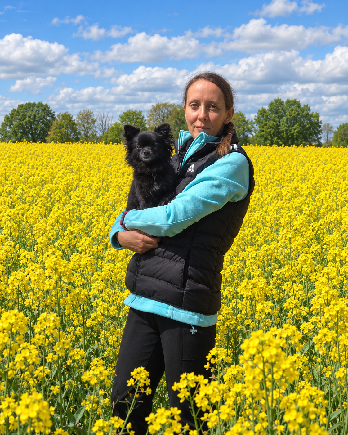Stephanie Popken läuft mit einem schwarz-weißen Hund über eine Wiese