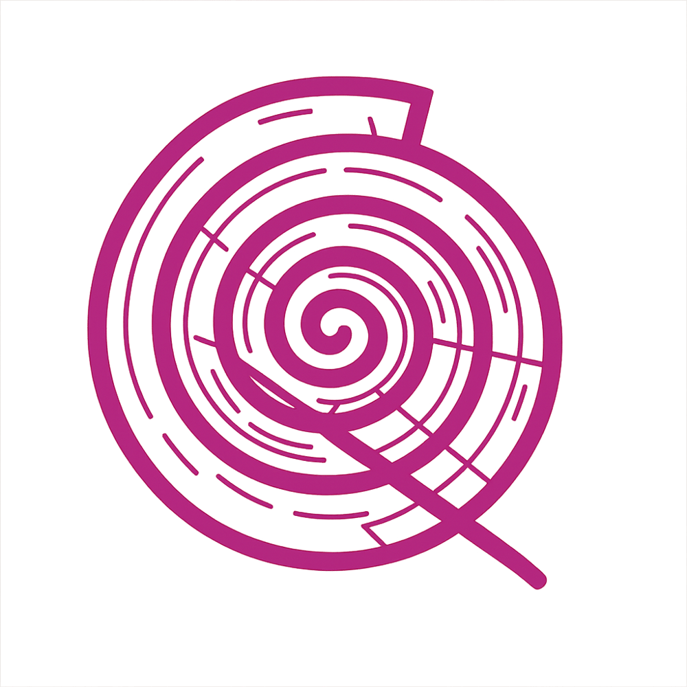 Dunkelrosa Spirallabyrinth auf dunkelgrünem Hintergrund.