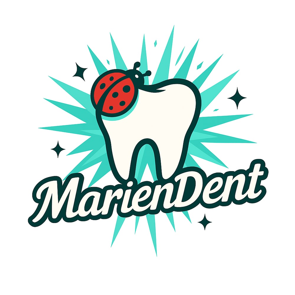 MarienDent Logo: Zahn mit Marienkäfer, dahinter türkisfarbener Stern, davor "MarienDent" Schriftzug.
