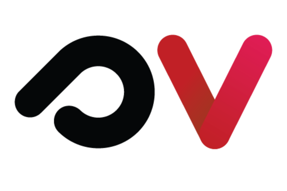 Logo mit schwarzem, stilisiertem "o" und violettem "V".