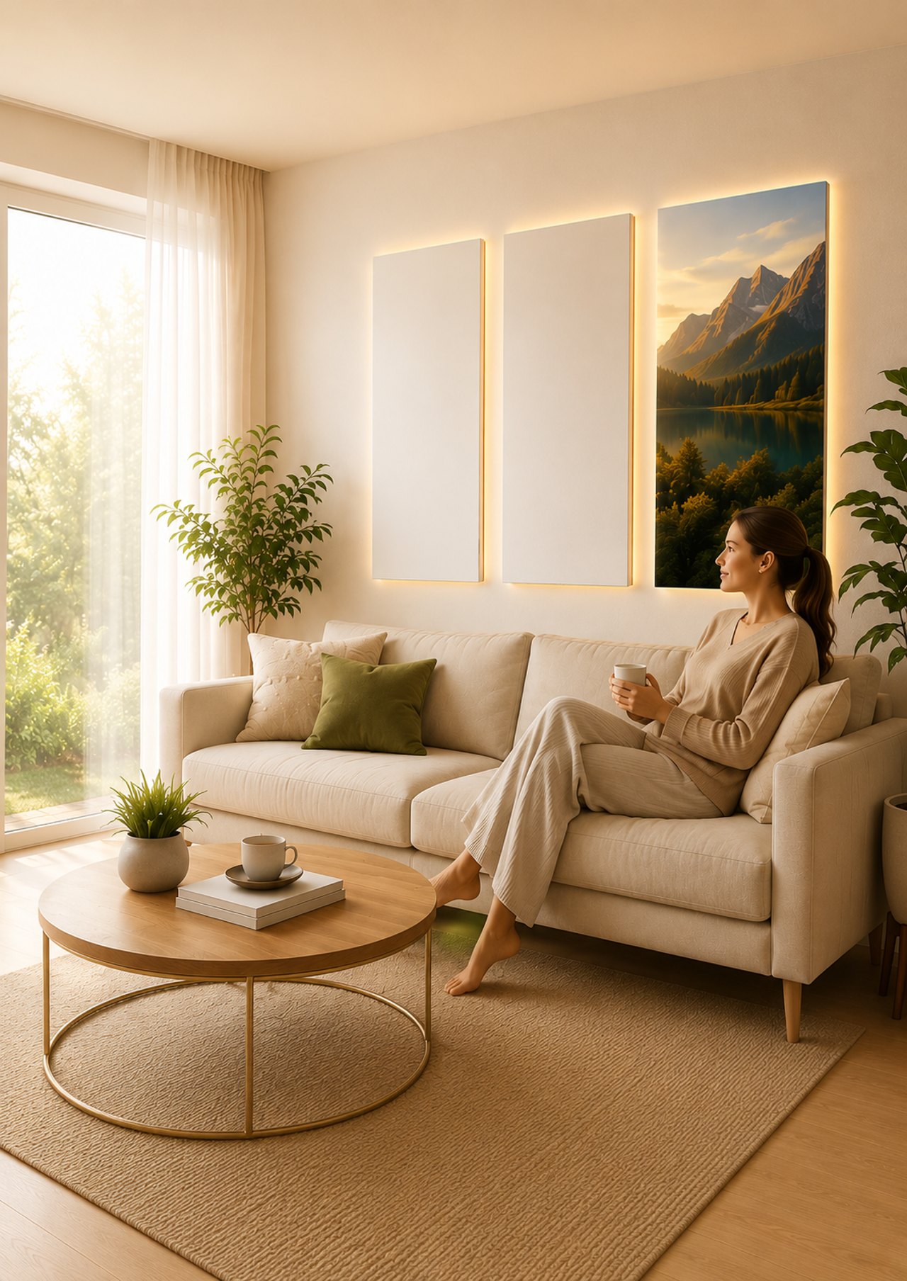 Modernes Wohnzimmer mit Infrarot-Heizpaneelen