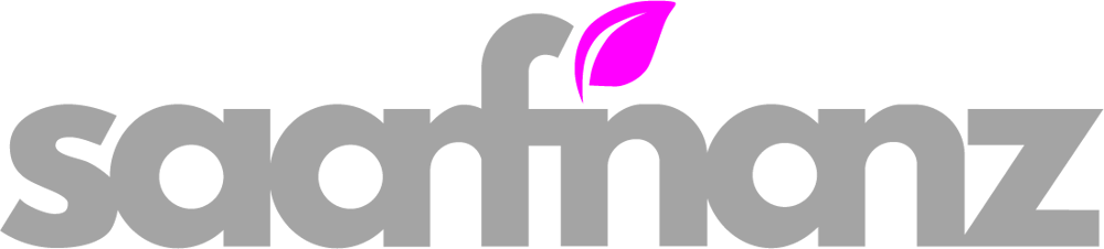 Das Logo zeigt den grauen Schriftzug "saarfinanz", wobei das "i" durch ein pinkfarbenes Blatt ersetzt ist.
