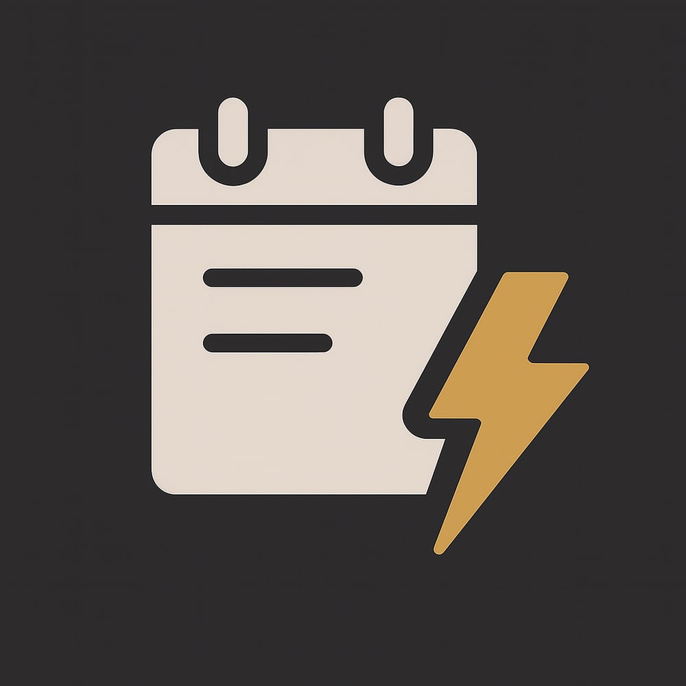 Beigefarbener Kalender mit drei Linien und einem goldenen Blitzsymbol auf schwarzem Hintergrund.